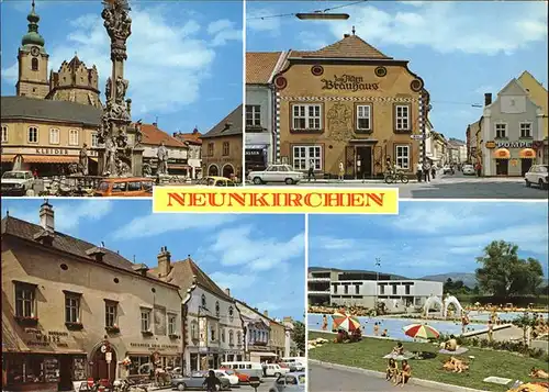 Neunkirchen Niederoesterreich Marktplatz Dreifaltigkeitssaeule Kirche Gasthaus Braeuhaus Schwimmbad Kat. Neunkirchen