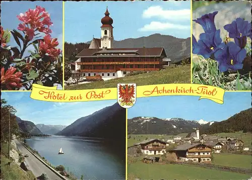 Achenkirch Hotel zur Post Kirche Alpenblumen Enzian Wappen Kat. Achenkirch am Achensee