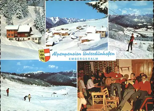 Greifenburg Alpenpension Unterduenhofen Embergeralm Wintersportplatz Skipiste Huettenabend Musik Instrument Wappen Kat. Greifenburg