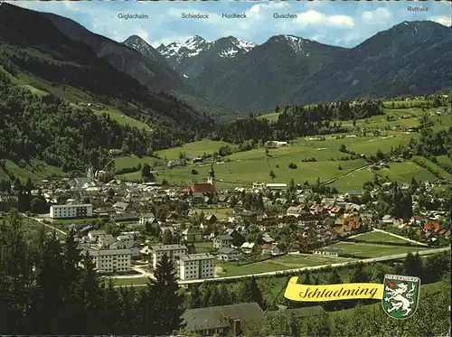 Schladming Obersteiermark Panorama mit Alpenblick Wappen Kat. Schladming