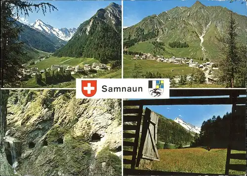 Samnaun Dorf Panorama mit Alpenblick Tunnel Wasserfall Wappen Kat. Samnaun Dorf