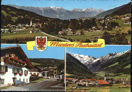 Mieders Tirol Panorama mit Alpenblick Stubaital Strassenpartie Wappen Kat. Mieders