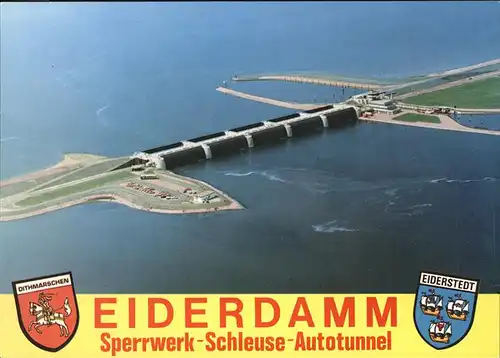 Eiderstedt Eiderdamm Sperrwerk Schleuse Autotunnel Dithmarscher Ufer Wappen Fliegeraufnahme Kat. Toenning