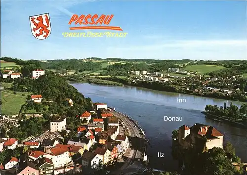 Ilzstadt Zusammenfluss von Donau Inn und Ilz Dreifluessestadt Wappen Kat. Passau