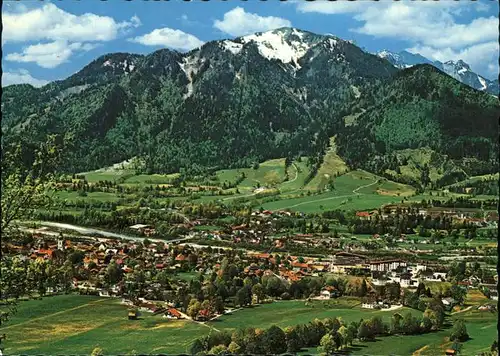 Lenggries Panorama Luftkurort mit Isar gegen Brauneck Bayerische Voralpen Kat. Lenggries