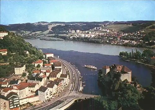 Passau Burg Niederhaus mit Donau Inn und Ilz Fliegeraufnahme Kat. Passau