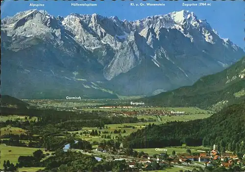 Oberau Loisach Panorama mit Garmisch Burgrain Forchant und Zugspitzgruppe Kat. Oberau