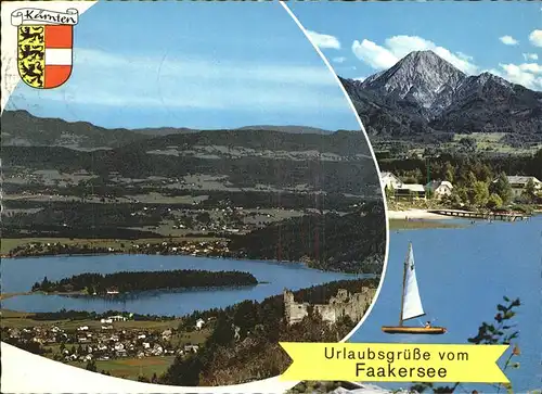 Faakersee Panorama mit Ruine Altfinkenstein Faak Insel und Mittagskogel Kat. Villach