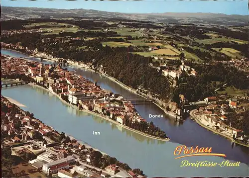 Passau Fliegeraufnahme mit Inn Ilz und Donau Kat. Passau