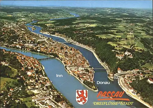 Passau Zusammenfluss von Donau Inn und Ilz Fliegeraufnahme Kat. Passau