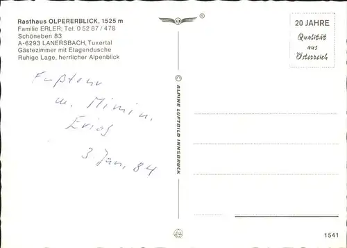 Lanersbach Rasthaus Olpererblick Kat. Finkenberg
