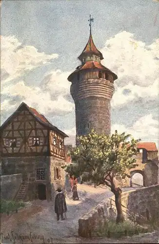 Nuernberg Vestnerturm und Tiefer Brunnen Kuenstlerkarte Kat. Nuernberg