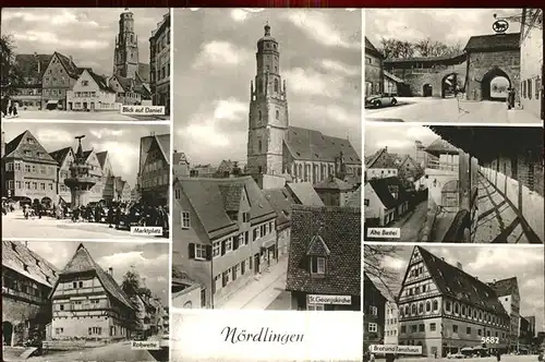 Noerdlingen Blick auf Daniel St. Georgskirche Torbogen Alte Bastei Brot und Tanzhaus Marktplatz Brunnen Rosswette  Kat. Noerdlingen