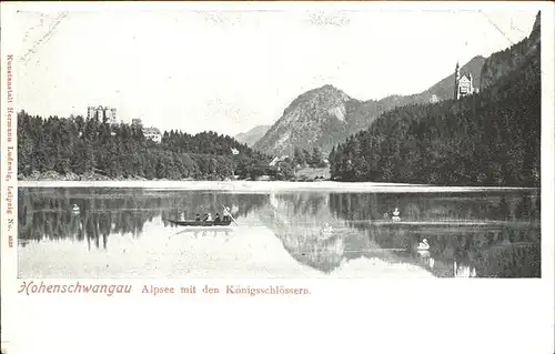 Hohenschwangau Alpsee mit den Koenigsschloessern Schwan Boot Kat. Schwangau