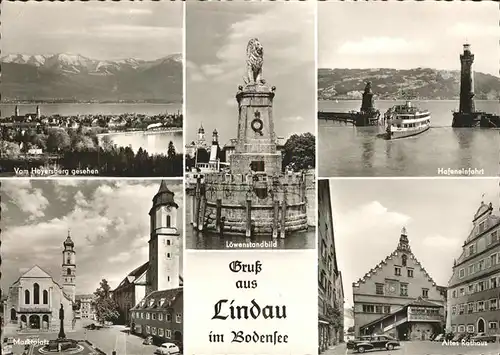 Lindau Bodensee Blick vom Hoyersberg Lindauer Loewe Hafeneinfahrt Leuchtturm Marktplatz Rathaus Kat. Lindau (Bodensee)