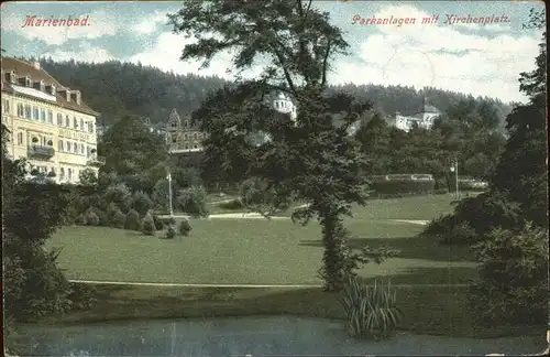 Marienbad Tschechien Parkanlagen mit Kirchenplatz Teich Boehmen Kat. Marianske Lazne