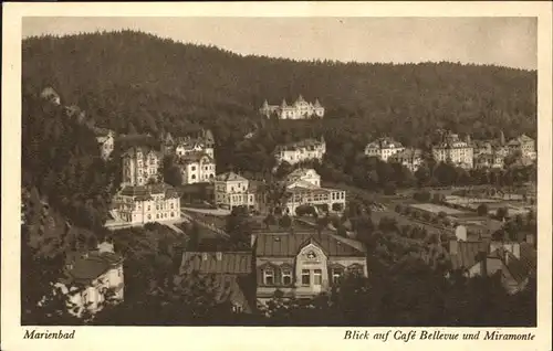 Marienbad Tschechien Blick auf Cafe Restaurant Bellevue Hotel und Schloss Miramonte Boehmen Kat. Marianske Lazne