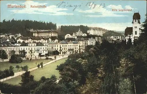 Marienbad Tschechien Kaiserstrasse mit Parkanlage Villa Luginsland Absteigequartier Sr. Majestaet Kaiser Franz Josef I. Boehmen Kat. Marianske Lazne