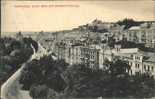 Marienbad Tschechien Blick nach der Bahnhofstrasse und Hoehenhotel Cafe Egerlaender Boehmen Kat. Marianske Lazne