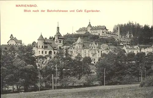 Marienbad Tschechien Blick nach der Bahnhofstrasse und Hoehenhotel Cafe Egerlaender Boehmen Kat. Marianske Lazne