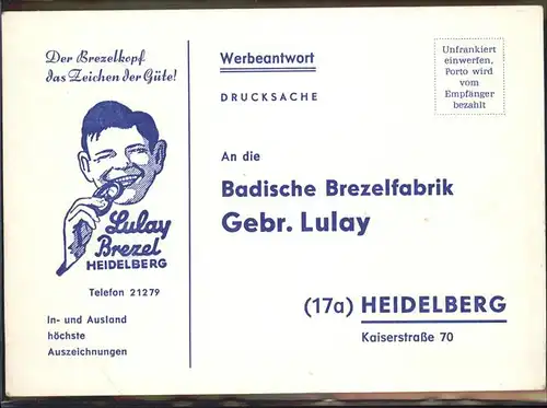 Heidelberg Bestellkarte Brezelfabrik Kat. Heidelberg