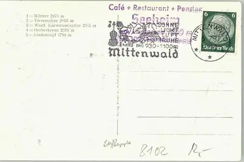 Mittenwald Restaurant Seeheim Lautersee x 1937