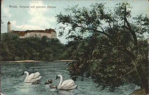 Greiz Thueringen Parksee Schwan Oberes Schloss Kat. Greiz