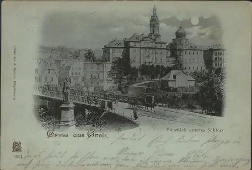 Greiz Thueringen Fuerstliches Unteres Schloss Bruecke Kaiser Wilhelm Denkmal im Mondschein Kat. Greiz