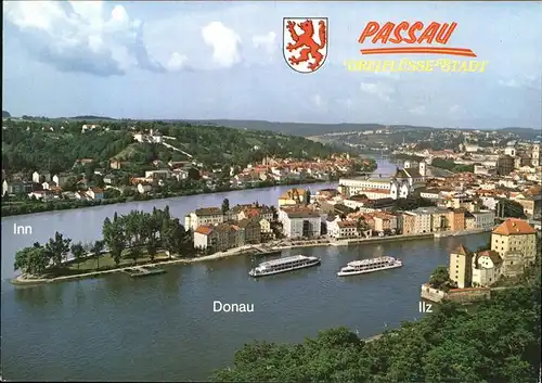 Passau Fliegeraufnahme Panorama Donau Inn Ilz Dreifluessestadt Wappen Kat. Passau