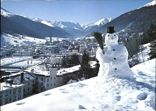 Davos GR Panorama im Schnee Schneemann Kat. Davos