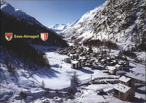 Saas Almagell Panorama im Schnee Seewjinenhorn Rothoprn Wappen Kat. Saas Almagell