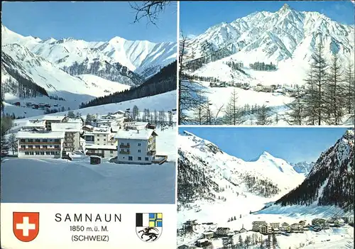 Samnaun Dorf Panorama im Schnee Wappen Kat. Samnaun Dorf