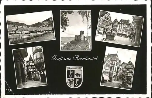 Bernkastel Kues Partie an der Mosel Bruecke Burg Ruine Fachwerkhaus Spitzhaeuschen Brunnen Wappen Bahnpost Kat. Bernkastel Kues