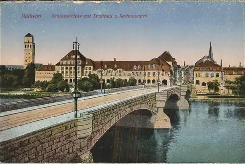 Muelheim Ruhr Schlossbruecke mit Stadtbad u.Rathausturm Kat. Muelheim an der Ruhr