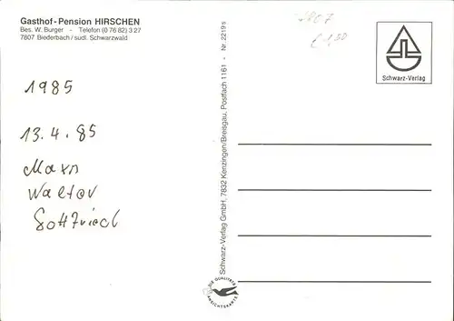 Biederbach Schwarzwald Gasthof u.Pension Hirschen Kat. Biederbach