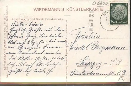 Verlag Wiedemann WIRO Nr. 3572 A Greiz Schloss Heinrichsbruecke Kat. Verlage