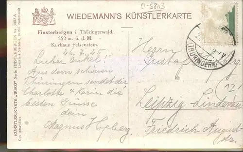 Verlag Wiedemann WIRO Nr. 3482 A Finsterbergen Kurhaus Felsenstein Kat. Verlage