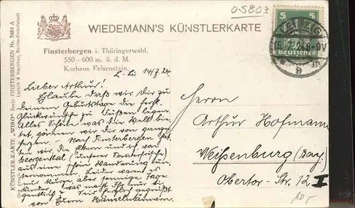 Verlag Wiedemann WIRO Nr. 3484 A Finsterbergen Kurhaus Felsenstein Kat. Verlage