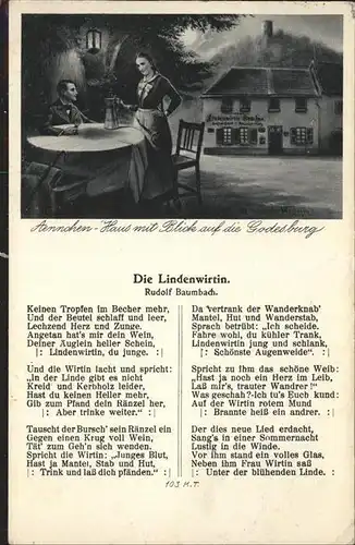 Liederkarte Die Lindenwirtin Godesburg aennchen Haus Rudolf Baumbach Kat. Musik