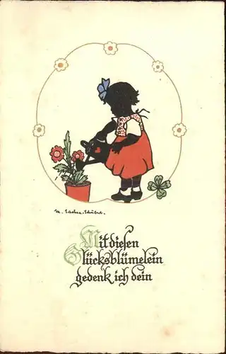 Scherenschnitt Schattenbildkarte Kind Giesskanne Blumen  / Besonderheiten /