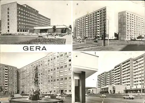 Gera Interhotel "Gera" Strasse des Bergmanns Wohngebiet Plattenbau Autos Brunnen Kat. Gera