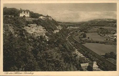 Dornburg Saale Blick isn Saaletal mit den drei Schloessern Kat. Dornburg Saale