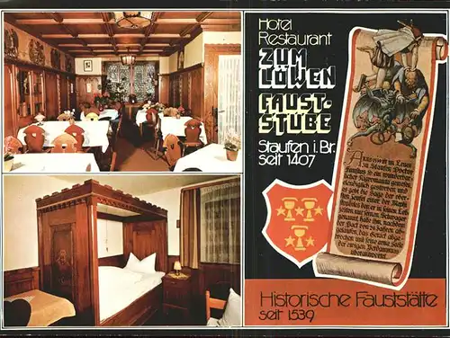 Staufen Breisgau Hotel Restaurant Zum Loewen Fauststube Wappen Historische Fausstaette 1539 Kat. Staufen im Breisgau
