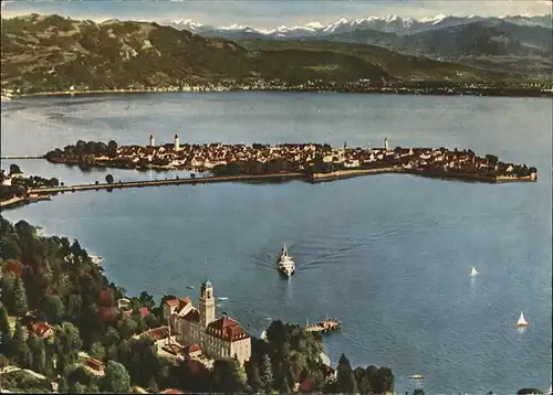 Lindau Bodensee und Hotel Schachen Fliegeraufnahme mit Alpenpanorama Schiff Kat. Lindau (Bodensee)