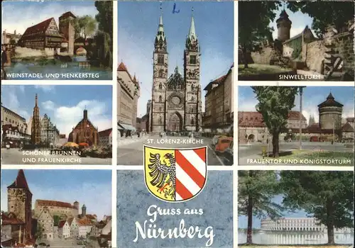 Nuernberg Weinstadel Henkersteg Schoener Brunnen Frauenkirche Burg St. Lorenzkirche Sinwellturm Frauentor Koenigstorturm Wappen Kat. Nuernberg