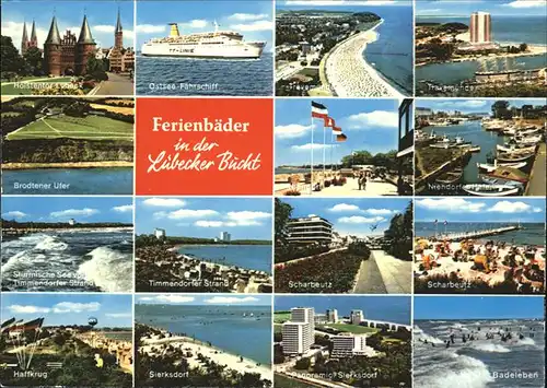 Luebeck Ferienbaeder Luebecker Bucht Holstentor Brodtener Ufer Haffkrug Timmendorfer Strand Sierksdorf Scharbeutz Badeleben Niendorf Hafen Travemuende Ostsee Faehrschiff Kat. Luebeck