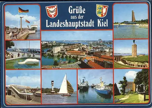 Kiel Panorama Hafen Landungsbruecke Schiff Segelboot Matrosen Ehrenmal Laboe Uferpromenade Denkmal Wappen Kat. Kiel