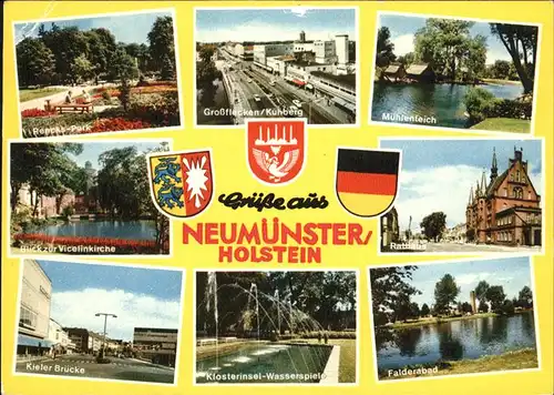 Neumuenster Schleswig Holstein Rencks Park Vicelinkirche Kieler Bruecke Klosterinsel Wasserspiele Grossflecken Kuhberg Muehlenteich Rathaus Falderabad Wappen Kat. Neumuenster