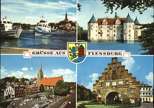 Flensburg Uferpartie Schiff Kirche Schloss Tor Giebel Wappen Kat. Flensburg