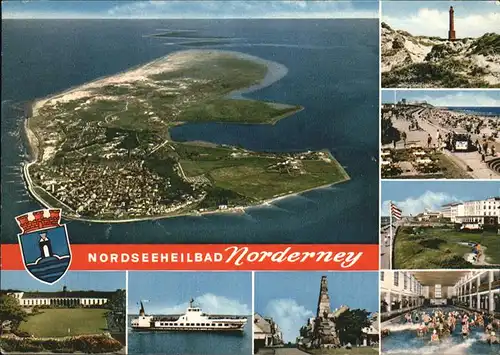 Norderney Nordseebad Fliegeraufnahme Leuchtturm Strand Promenade Duene Wellenbad Denkmal Faehrschiff Wappen Kat. Norderney